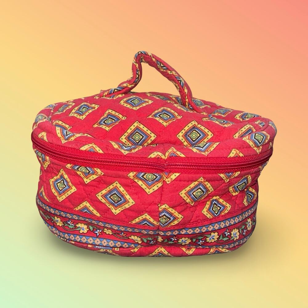 Vera Bradley Round Train Case Villa Red Quilted Cotton Makeup Cosmetic Bag VTG